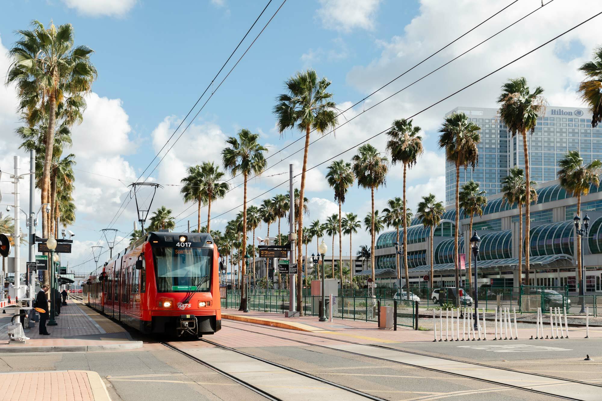 street car with lines of palm trees to each side