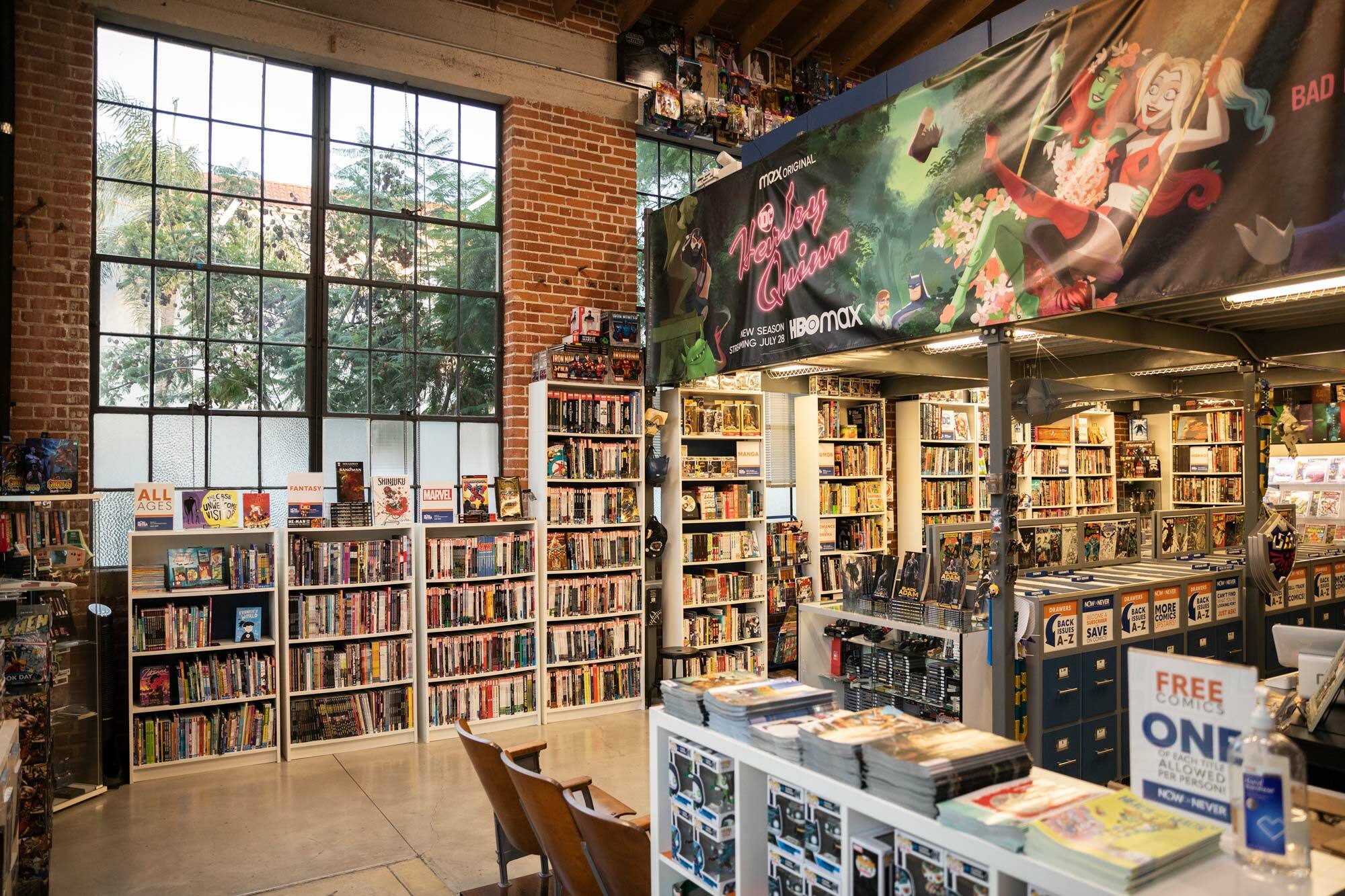 interior of large book store with rows of comic books